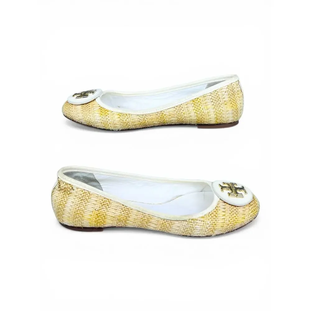 Tory Burch Reva Raffia Ballet Flats Size 7 Natural Woven Gold Logo